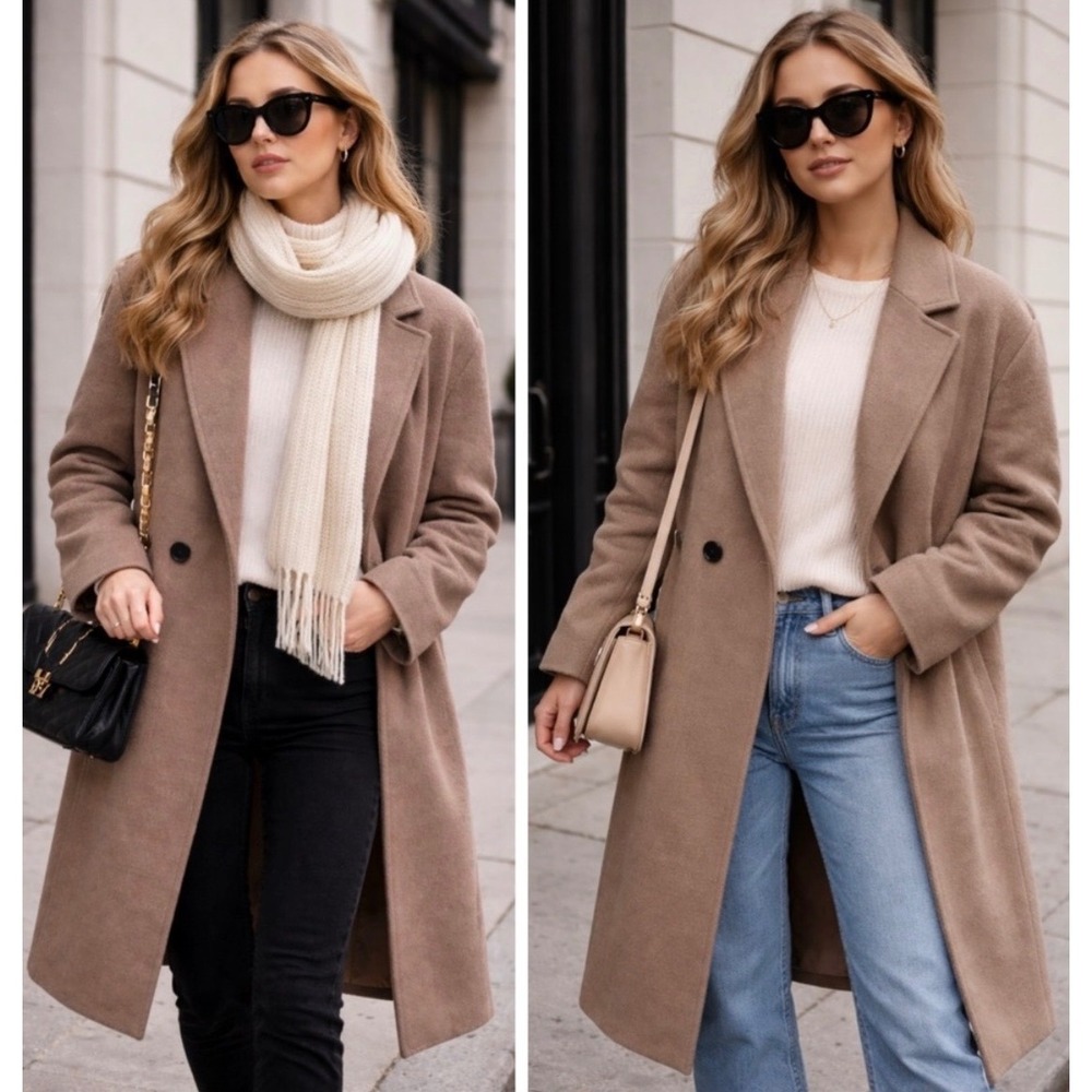 Chartou Womens L Oversized Wool Blend Coat Tan Quiet Luxury Classic Preppy Chic